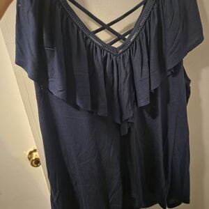 Elegant Navy Ruffle Blouse with Crisscross Back